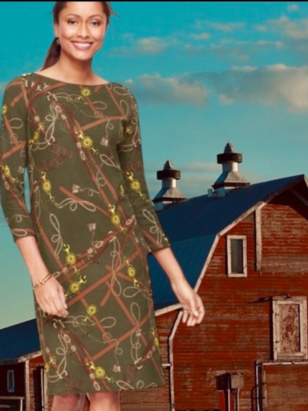 TALBOTS PETITE LARGE 100% COTTON OLIVE GREEN EQUESTRIAN PRINT SHIFT DRESS